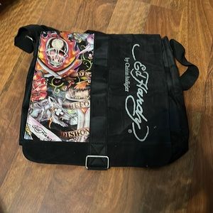 Ed Hardy Christian Audigier Black Crossbody Messenger Book Laptop Bag Tote